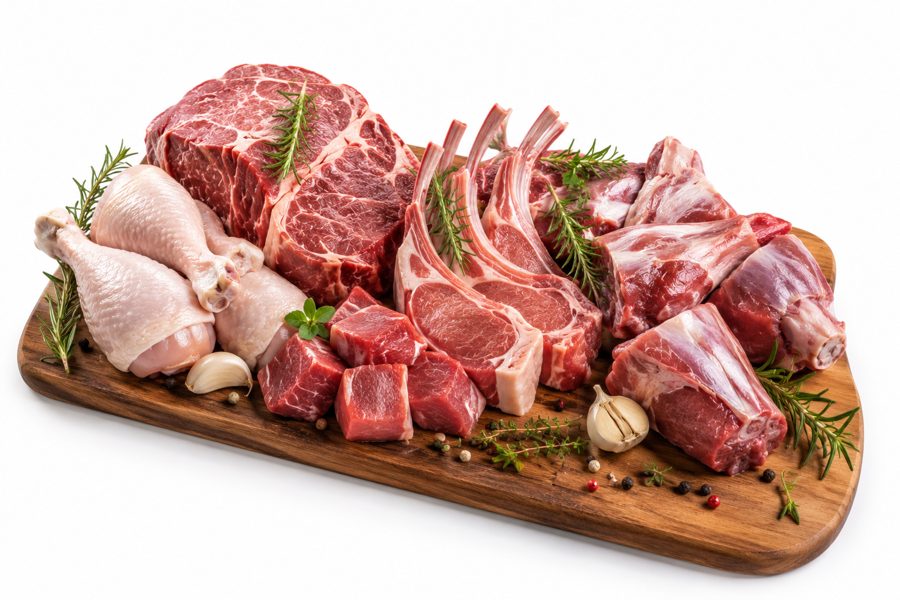 Premium fresh meat cuts on a wooden board